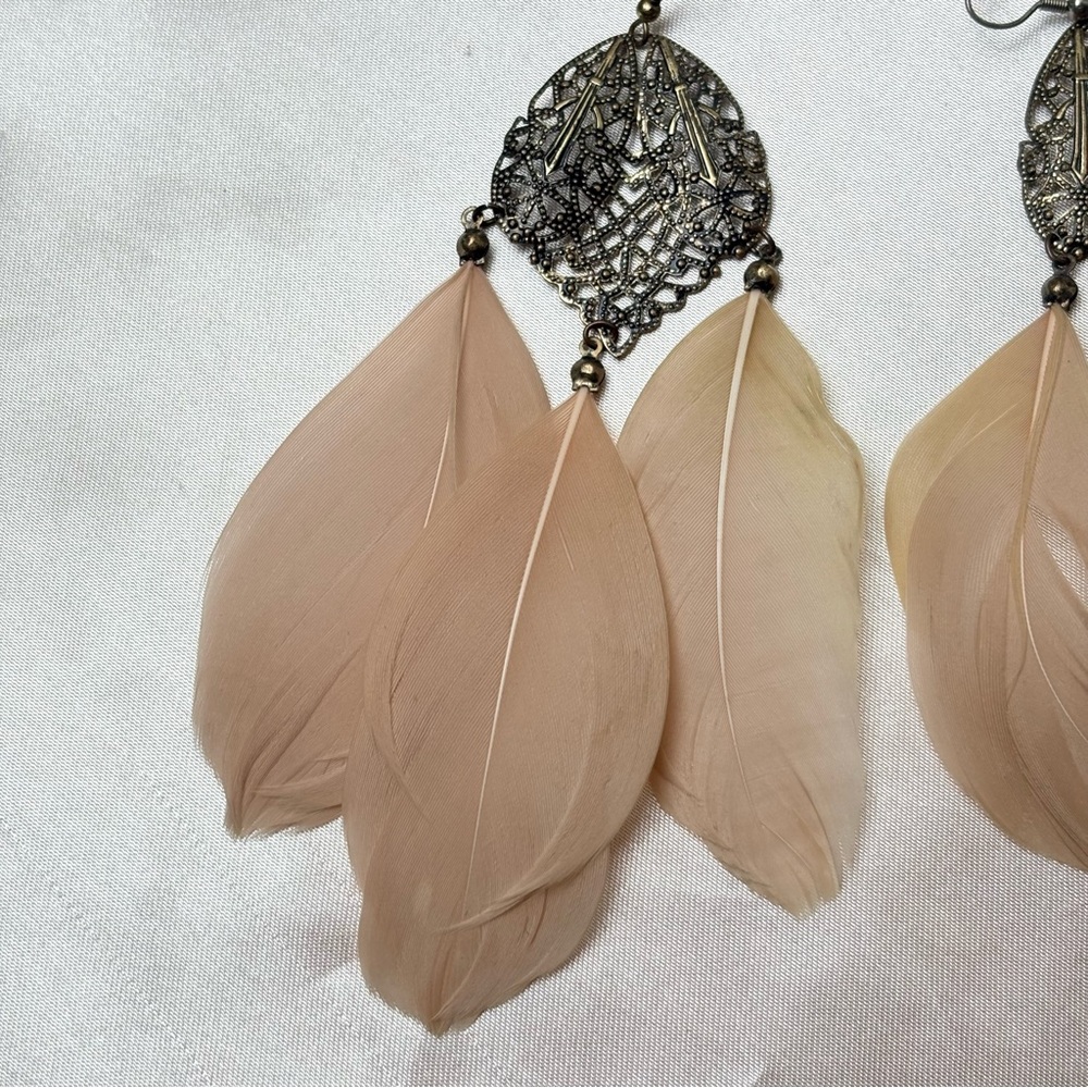 Beige Feather Statement Earrings- Boho/Festival/C… - image 2